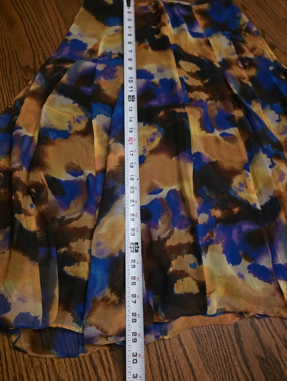 100% Silk Pleated Midi Skirt Petite 6P Abstract Blue Gold Brown Jones New York